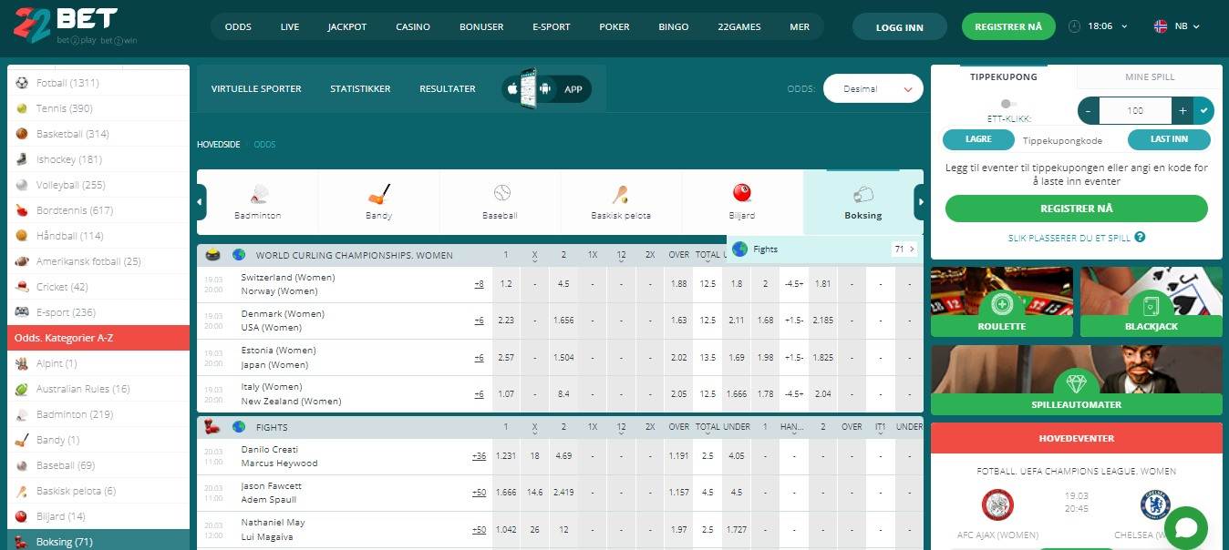 22Bet Sport Betting Boxing, bookiesnorge.tv