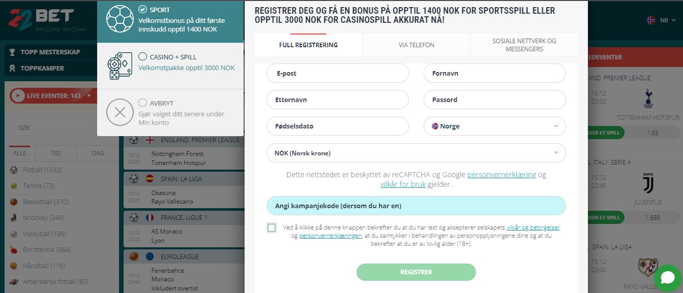 22Bet Sport Betting Registration NO