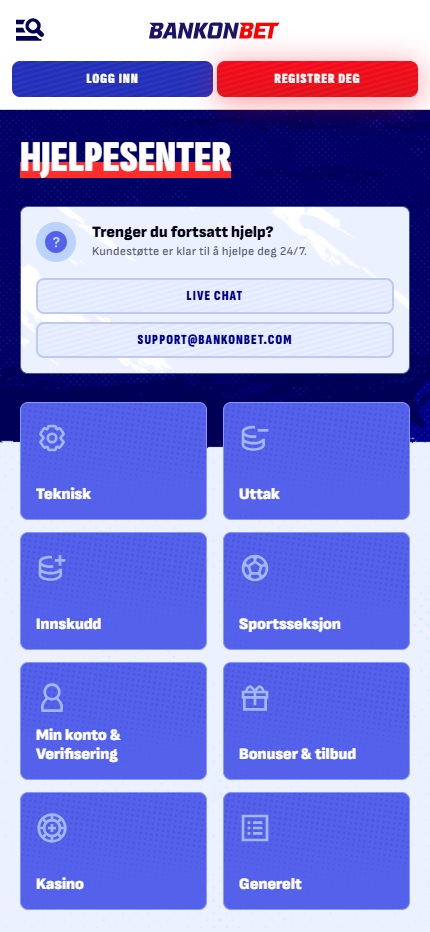 Bankonbet help centre Norway (mobile screen), bookiesnorge.tv