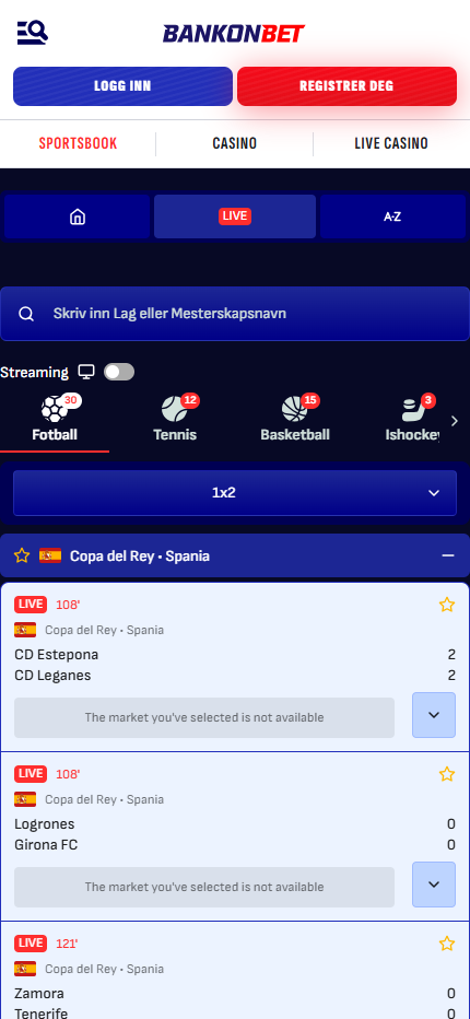 Bankonbet live Sport Betting Norway (mobile screen), bookiesnorge.tv