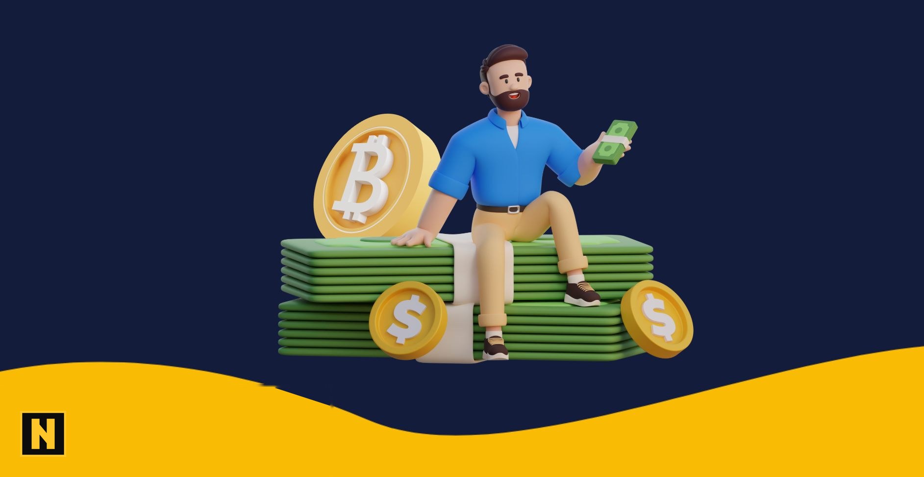 Mann på en bunke penger med bitcoin-mynter