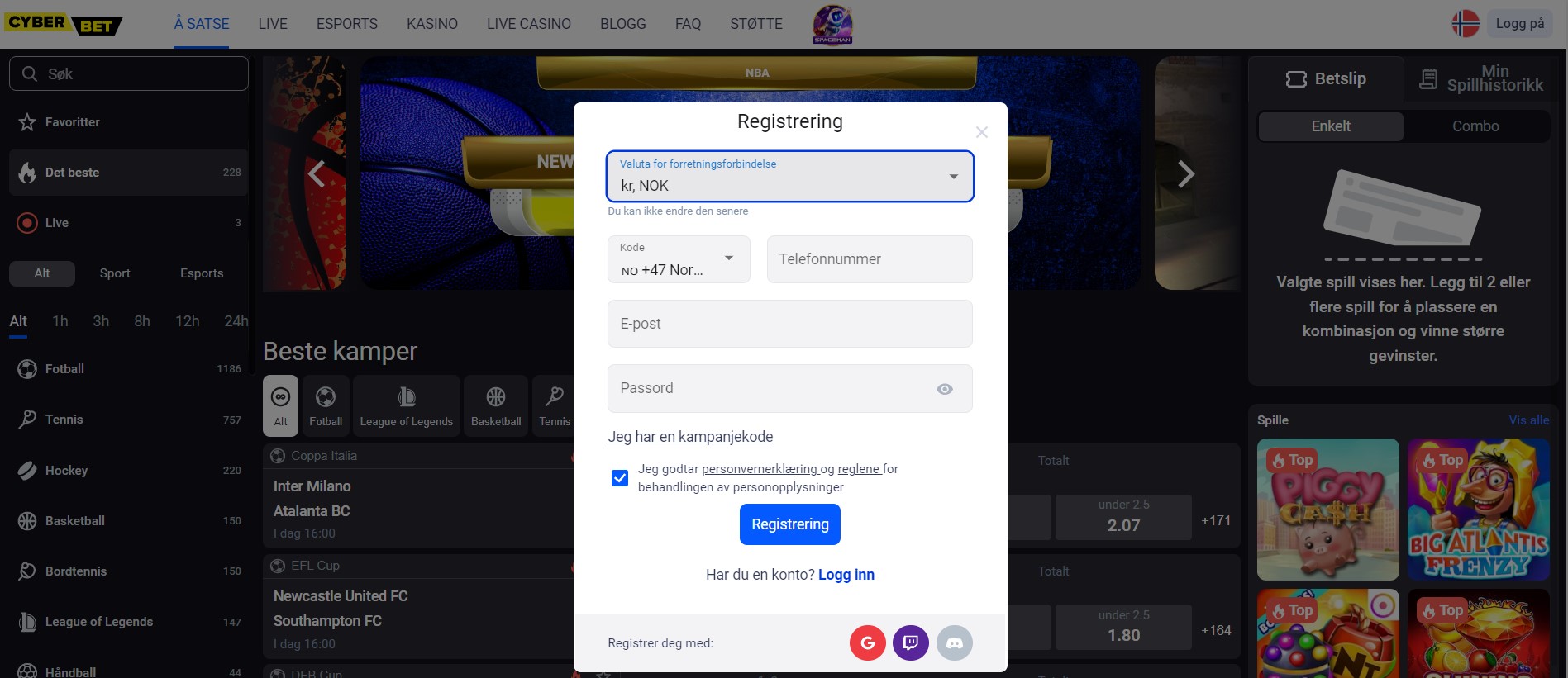 registrering i Cyberbet