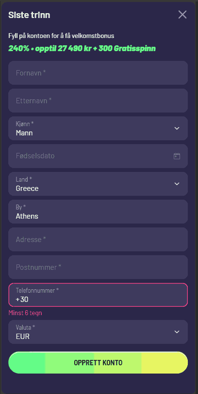 Tuffpuff καζίνο. Δεύτερο βήμα εγγραφής