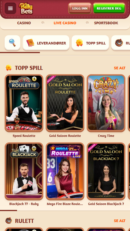 BillyBets live casino games