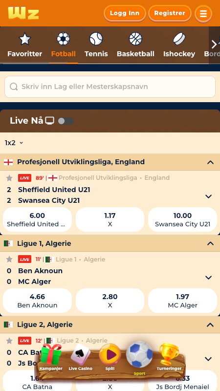 Wazamba grensesnitt for live betting