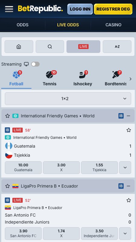 BetRepublic grensesnitt for live betting