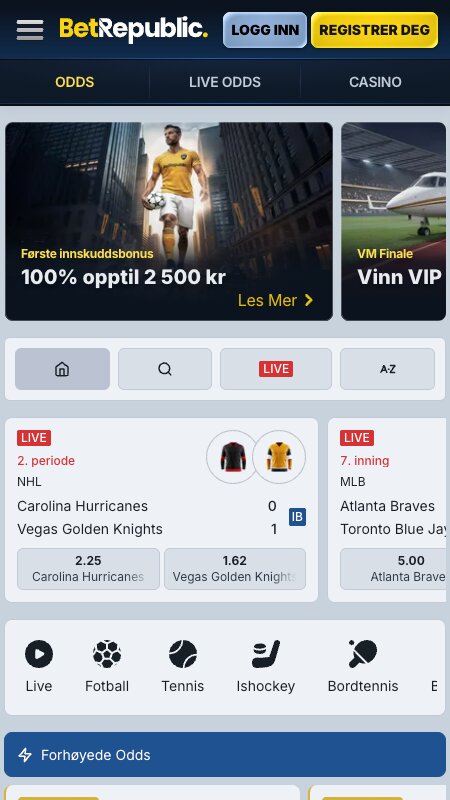 BetRepublic grensesnitt for sportsbetting